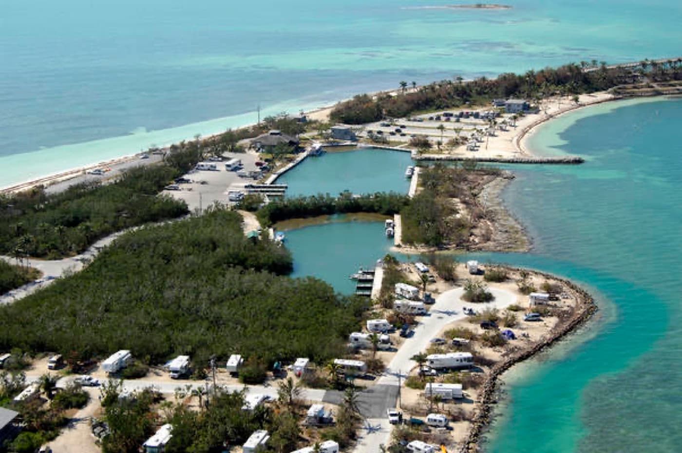 Aerial view of the Bahia Honda State Park marina and boat basin in Big Pine Key