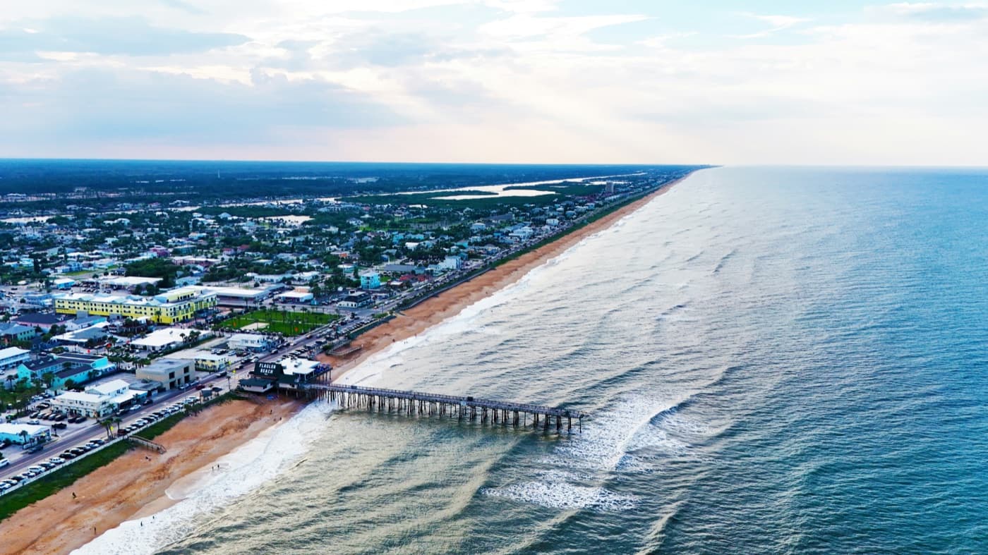 Aerial view of the Flagler Beach fishing pier and coastline