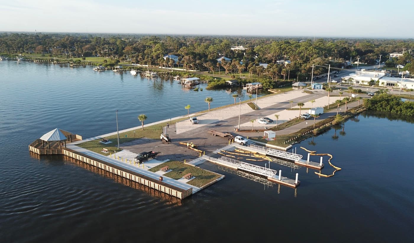 Aerial view of the completed George Kennedy Park waterfront with docks and pavilion on the Indian River Lagoon
