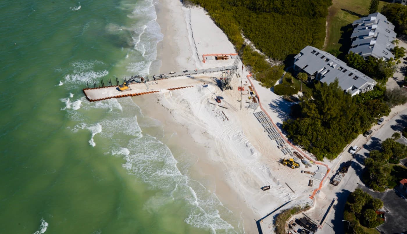 Aerial view of Gulf-side shoreline restoration and erosion control on Longboat Key